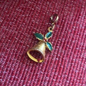 (JE26) Vintage Gold Bell Charm with Green Holly Accents